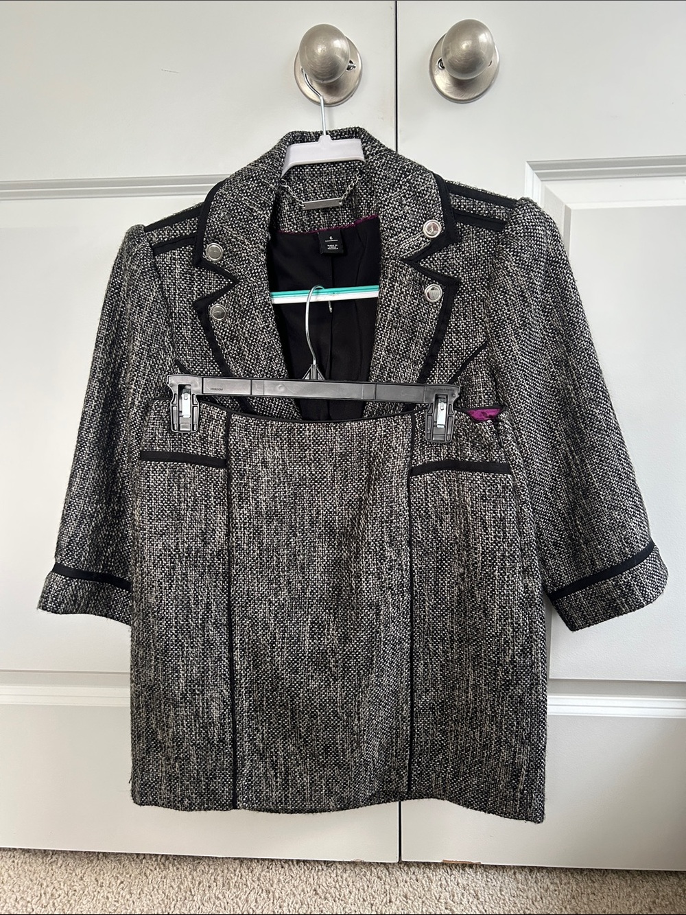 White House Black Market Gray Tweed Blazer and Skirt Set with Black Trim